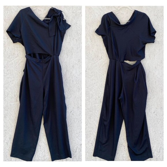 Rachel Comey Tie Shoulder Cut Out Waist Straight Leg Crepe Jumpsuit Sz 8 Navy - Picture 1 of 14